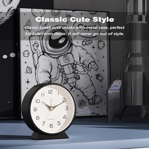 Image of AYRELY 4.5 inch Analog Alarm Clock,Small Retro Desk Clock Battery Operated,Silent Metal Table Clock with Light for Living Room Decor,Bedroom,Bedside,Shelf (Black)