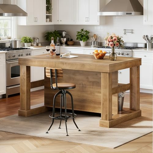 Image of Tribesigns Kitchen Island with Storage, 55-Inch Farmhouse Stationary Island Table with Large Countertop, 3-Tier Wooden Coffee Bar Table for Kitchen, Dining Room, Rustic Brown