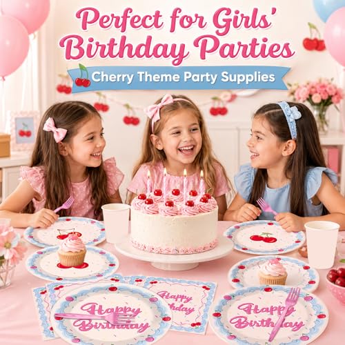 Image of 96pcs Cherry Happy Birthday Party Decoration Pink Cherry Cake Paper Plates and Napkin Blue Cream Border with Rainbow Sprinkles Tableware Set Pink Icing Party Supplies for Girl Women Birthday Serves 24
