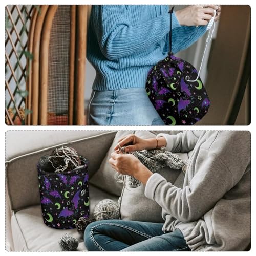 Image of Sellikakes Halloween Bats Moon Yarn Bag Crochet Storage Organizer with Drawstring, Crocheting Storage Bag Organizer Yarn Holder for Crocheting Project Store Skein Ball, Short Knitting Needle