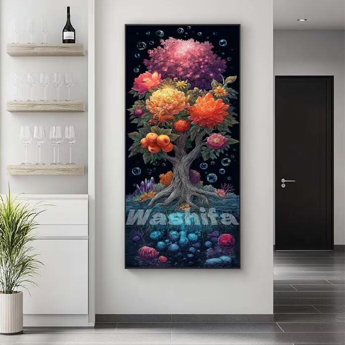 Pintar por Numeros Adultos Árbol de la Vida Pintura por Numeros Principiantes, Flores Paint by Numbers Manualidades, DIY Pintar por Numeros Niños, Decoración de Hogar, 20x40 cm/8x16 Inch, Sin Marco
