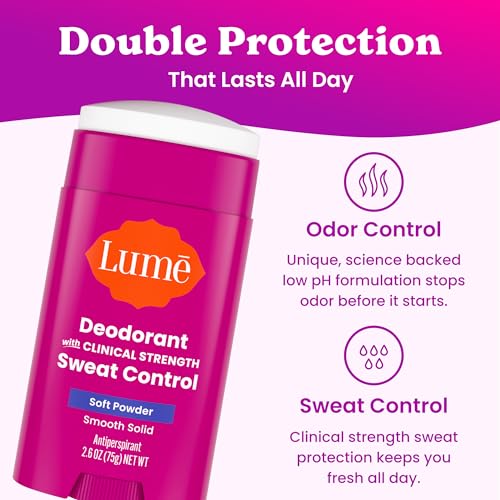 Image of Lume Deodorant Plus Sweat Control - Smooth Solid Stick Deodorant for Women - Extra Strength Antiperspirant - 72 Hour Odor & Sweat Control - Baking Soda Free, Skin Loving - (Soft Powder)