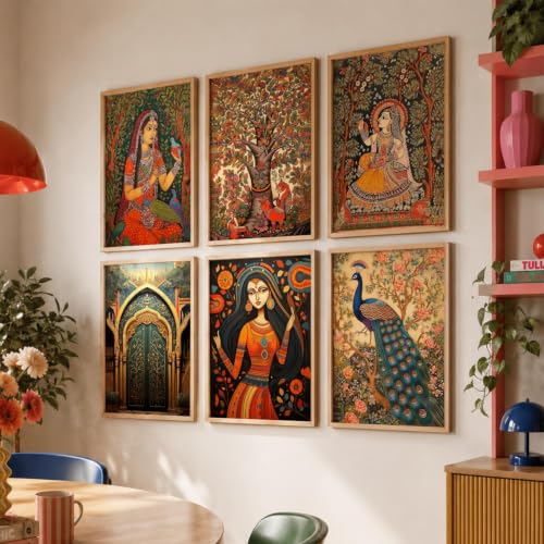 Image of kotart Premium Digital Madhubani Art Paintings with Frame for Home Decor - Framed Painting Living Room Bedroom Office - Wall Decoration - Pack of 6 (14X20 Inch, A)