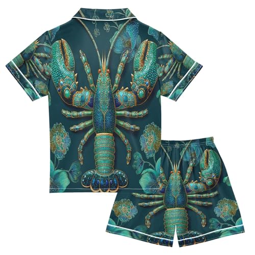 Satin Pajama Sets Short Sleeve Lobster Floral Teal Button Down Silky Nightwear 2 Piece PJS 5-14Y2