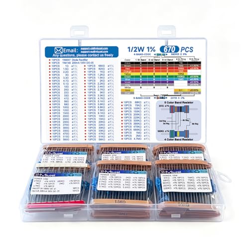 Miuzei 1/2W Metallfilm Widerstand Sortiment: 65 Werte (1-4.7M) 650 Stück 1% Toleranz RoHS Konform mit Dioden Wiederstand Elektronik Resistor Kit für Breadboards Modellbau & DIY-Projekte
