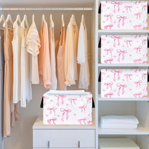 Image of Pink Bow Storage Basket Girls Gifts Basket Waterproof Storage Bins Organizer Foldable Closet Shelf Baskets with Handles for Home Office Dorm Closet Shelf