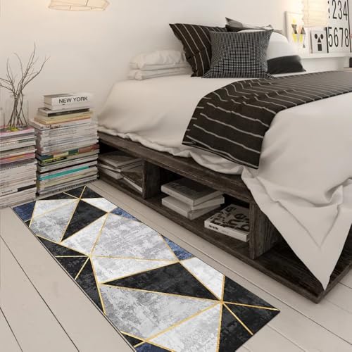 Alfombra de pasillo larga geométrica gris y negro con base de poliéster lavable 3