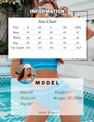 Image of BMJL Women's High Waisted Bikini Ribbed Two Piece Swimsuit High Cut Color Block Adjustable Straps Bathing Suit