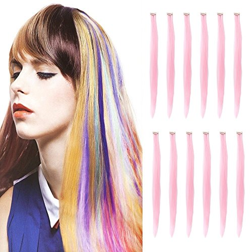 Creamily 20 Inches Party Highlight Clip In Hair Extension Multi-colors Hair Streak Synthetic Straight Hairpieces 12 PCS
