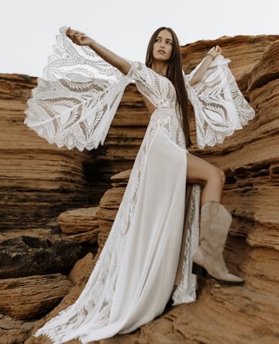 Women Simple Lace Wedding Dress V Neck Long Bell Sleeves A-Line Slit Bohemian Casual Bridal Gowns for Bride,Off White,US04
