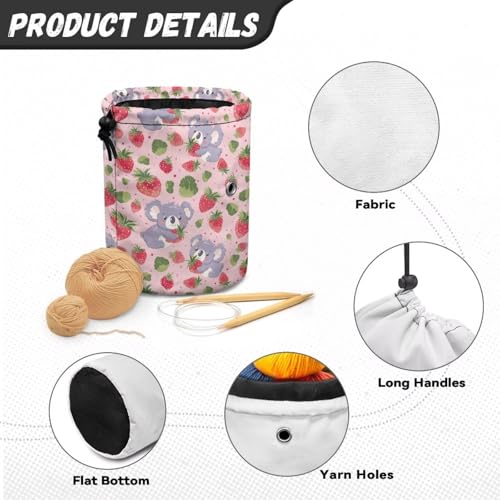 Image of Sellikakes Koala Strawberry Yarn Bag with Drawstring, Knitting Crochet Yarn Storage Bags Organizer Crochet Accessories for Crocheting Project, Store Skein Ball,Short Knitting Needles