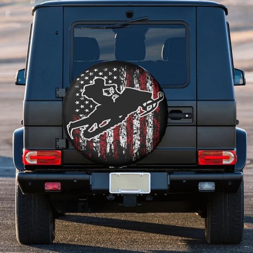 Image of Vintage American Flag Snowmobiling Snowmobile Rider Spare Tire Cover Wheel Protectors Dust-Proof Sun Protection Wheel Tire Covers Universal Fit for Truck SUV RV Camper Trailer 16 inch