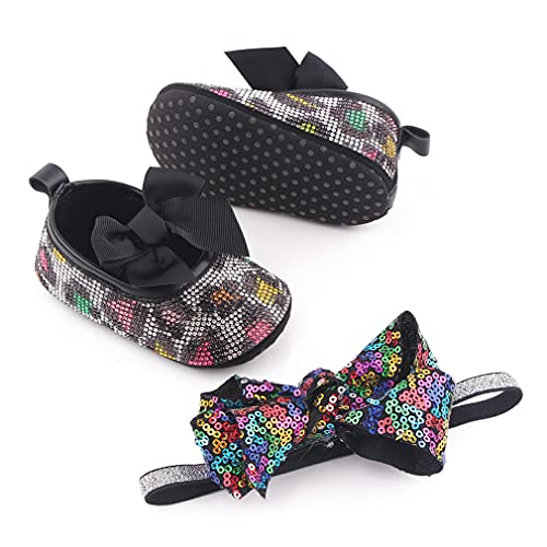 Oaisnit Baby Girl Mary Jane Flats Sparkly Soft Infant Princess Dress Crib Shoes With Headband (1-Colorful Leopard, 0-6 Months Infant) #TOP1