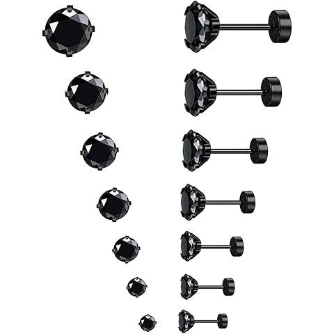MJust Hypoallergenic Flat Back Earrings for Women & Men, 7 Pairs Stainless Steel Stud Earrings with Flat Backs, Screw Back Cartilage Earrings Set with CZ for Sensitive Ears