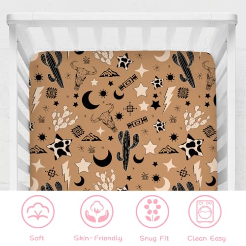 Image of Vintage Western Cowboy Baby Crib Sheet 52''x28'' Retro Cow Skull Cactus Sun Moon Stars Snug Fitted Crib Mattress Cover for Boy Girl Wild Plants Soft Baby Bed Sheet for Standard Crib Toddler Mattress