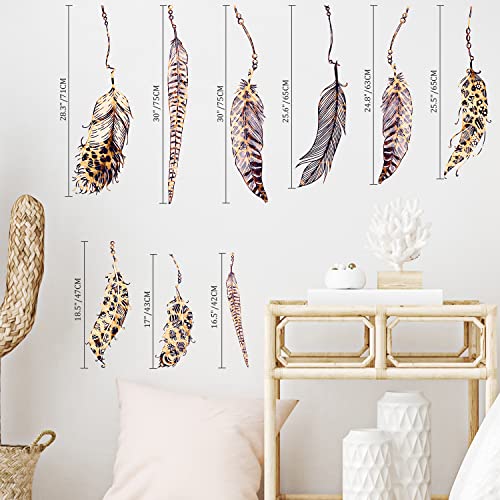 Vepret 9 Pcs Leopard Feathers Wall Decals Peel And Stick, Large Vintage Cheetah Feather Vinyl Wall Stickers, Removable Bohemia Plume Home Decor Art For Bedroom Living Room Classroom Office #TOP6