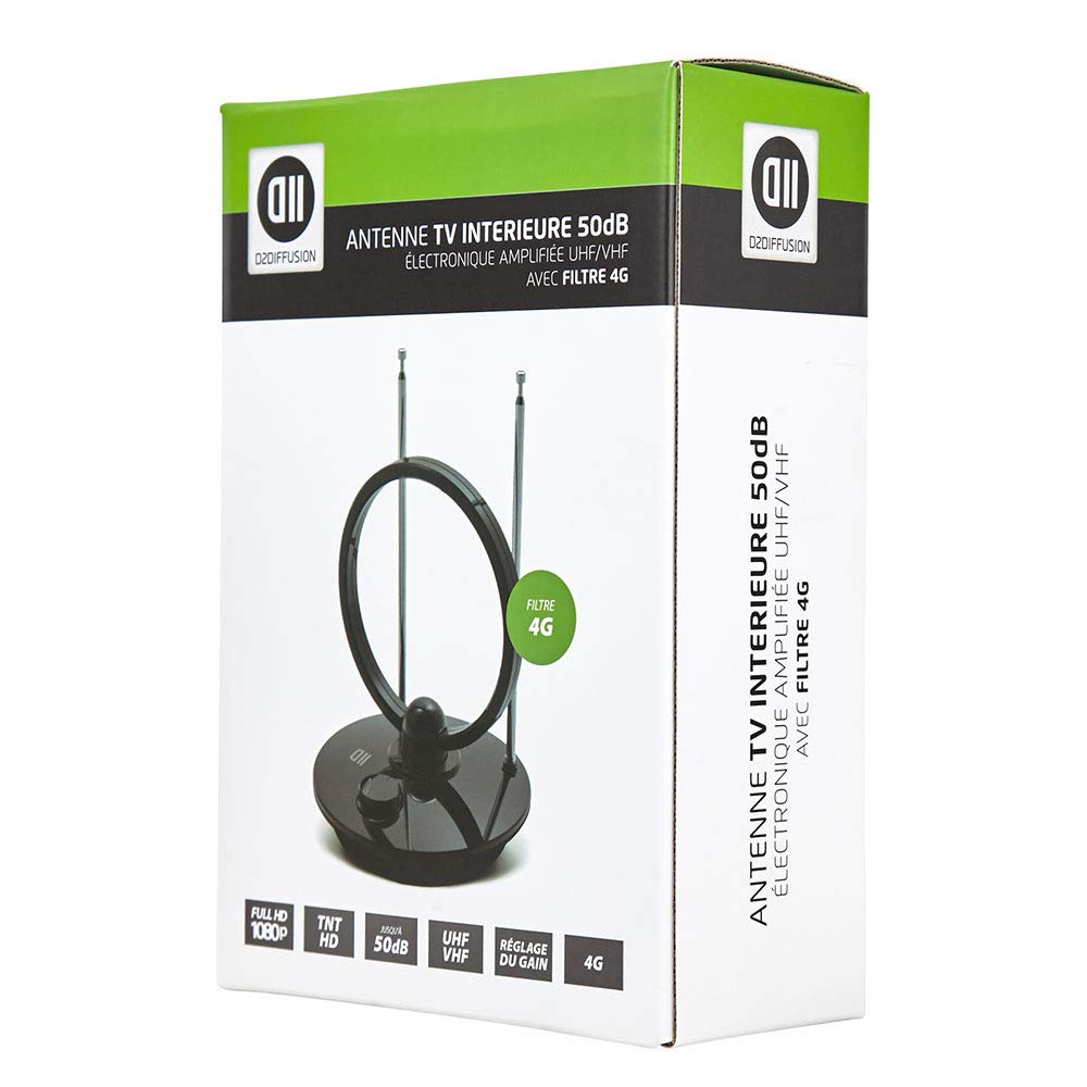 D2 Diffusion Antenne TV intérieure 50db - Ronde amplifiéeUHF/VHFavec Filtre 4G Noire - Gain Maximum 50db - Portée de l'antenne 25 km