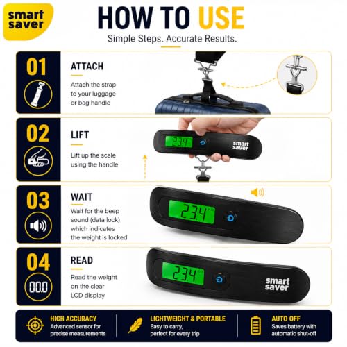 Image of Smart Saver Weight Machine for Luggage - 50 kg capacity, Black Steel body, 1 Year replacement - Digital Portable Electronic Luggage Weighing Scale for home, travel, flights, bags (Upto 50 kg)