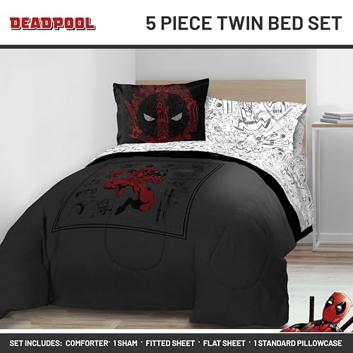 Image of Marvel Deadpool Twin Comforter Set 5 Piece Soft Bedding for Boys, Gray | Bed in a Bag, Comforter Sheets Sham Pillowcase, Official Product, Soft Microfiber, Machine Washable, Boys Gift