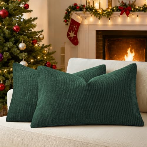 Image of Christmas Twill Chenille Throw Pillow Covers Pack of 2,20 inchx12 inch Dark Green