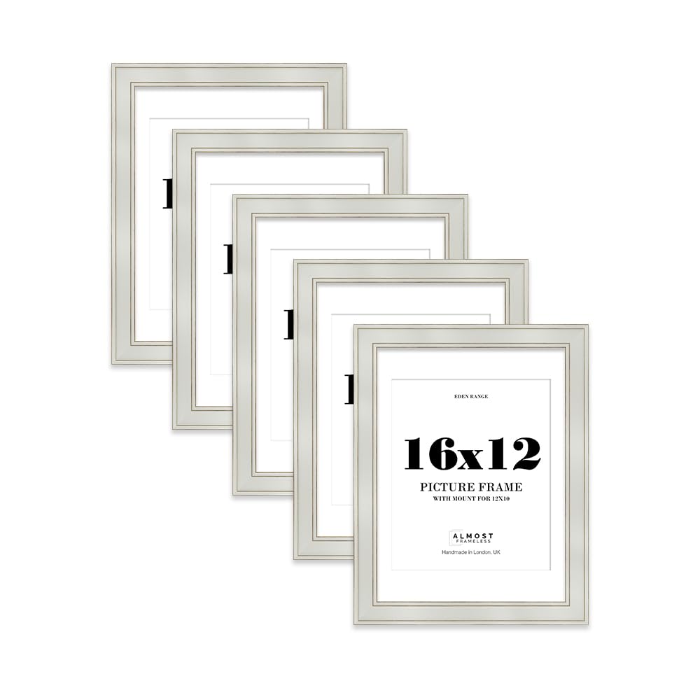 16x12" Light Grey Picture Frame with 12x10" Mount - Shabby Chic Photo Frame with Distressed Finish, Gold Trim, Wall Hooks, 37mm Edge - 5 Pack