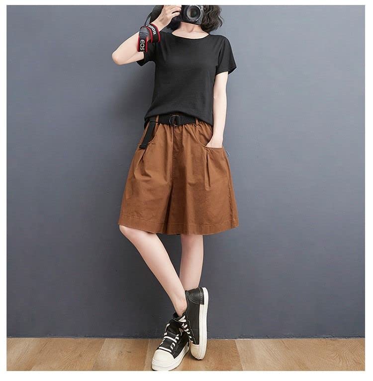 Short Femmes Lâches Hautes Shorts De Jambe Large Décontractées Cinq Points De Grande Taille De Cargaison avec Ceinture