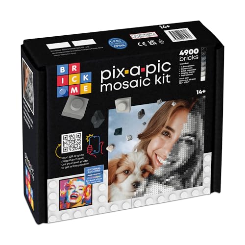 BRICK ME Pix-a-Pic Mosaic Kit, 4900 Bricks (15.1″ × 15.1″) | DIY Pixel Photo Mosaic with Shades of Gray, Black & White | Includes 4 Baseplates, Connector & Brick Separator