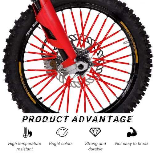 Image of 72PCS Dirt Bike Spoke Covers, Motorcycle Spoke Skins Wheel Wraps Pipe for 8 inch-21 inch Rims, Dustproof Wheelchair Rim Decoration Protector Pipe Trim for Bicycle Dirt Pit Bike (Red)