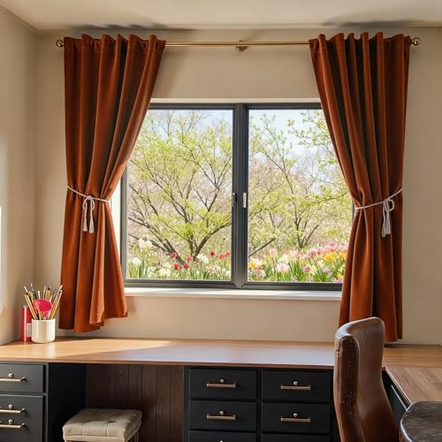 Image of Burnt Orange Velvet Curtains Warm Rod Pocket 52x72 Inch 2 Panels | Soft Velvet, Light Filtering, For Small Windows, Kitchens & Bathrooms, Light Shifting Texture, Elegant Drape, Luxury
