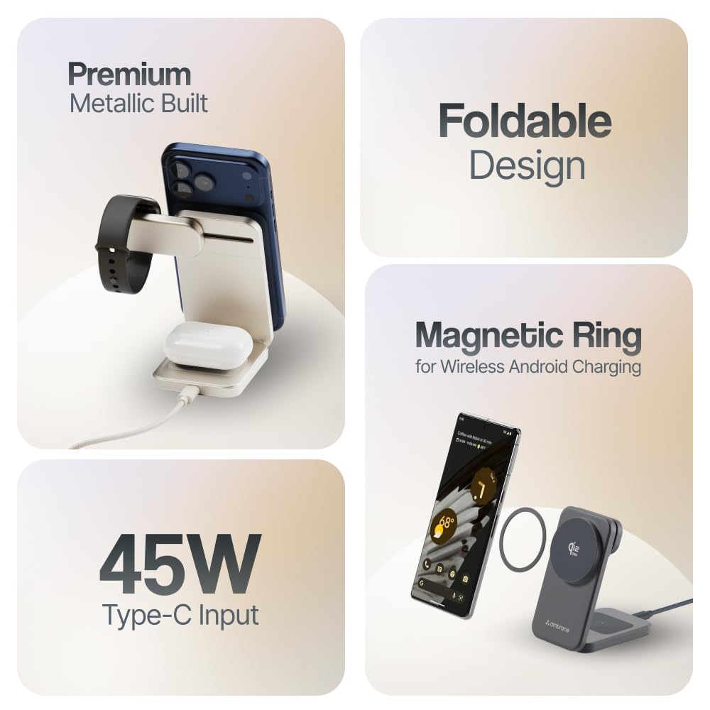 Ambrane Qi2 Magsafe Wireless 3-in-1 Charger for iPhone, Airpods&Apple Watch, Qi2 Certified Fast Charging, Premium&Foldable Design, for iPhone 16/15/14/13/12 Series (AerosynQ Trio 3, Titanium) — Amazon image 7