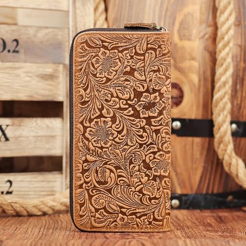 Image of NIUCUNZH Long Men's Leather Wallet Zipper Embossed with Flower Print Biflold Wallet Checkbook Paper Money Women Photo Card Holders