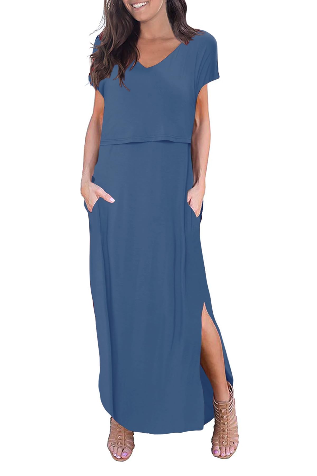 Smallshow Damen Lang Split Stillkleid Kurzarm Umstandskleid Sommer