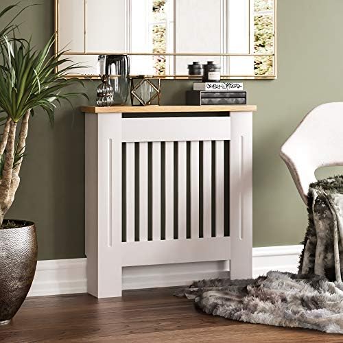 Vida Designs Arlington Radiator Cover White Modern Painted MDF Cabinet, Slats, Grill, Wood Top Shelf, Small