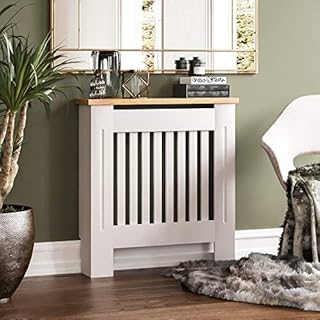 Vida Designs Arlington Radiator Cover White Modern Painted MDF Cabinet, Slats, Grill, Wood Top Shelf, Small