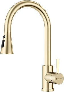 Brushed Gold Kitchen Tap with Pull Out Spray 3 Modes, Single Hole Brass Sink Tap Single Handle High Arc Pull Down Kitchen Sink Taps Mixer for UK Standards Fittings