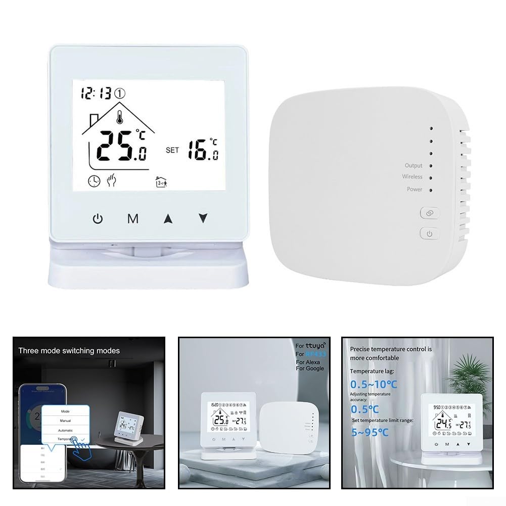 Termostato de calefacción de suelo RF433 no programable con rango ajustable de 5 a 95 °C, control de precisión de 0,5 °C, modos temporales automáticos manuales flexibles, bloqueo infantil activado por