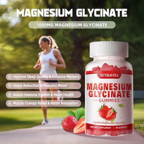 Magnesium Glycinate Gummies 1000mg with Magnesium L-Threonate,Chelated Magnesium Potassium Complex Supplement with VitD, B6, CoQ10, Calcium,Supports for Memory, Calm, Mood - 90 Gummies Strawberry