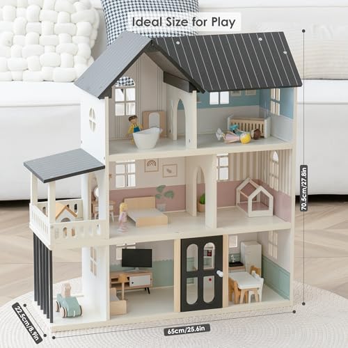 Wooden Dollhouse for Kids, 6-Room Modern Style Toy Doll House Playset with 26 Furniture & Functional Doors, 1:12 Scale Open Plan Dollhouse Designed for 4-6 Inch Dolls, STEM Creative Gift for Ages 3+
