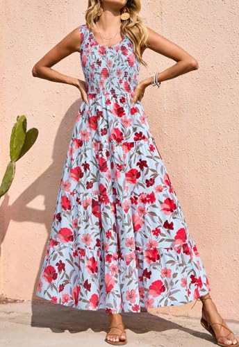Image of PRETTYGARDEN Smocked Tank Floral Maxi Dresses for Women 2026 Wedding Guest Dress Sleeveless Flowy Long Sundress with Pockets