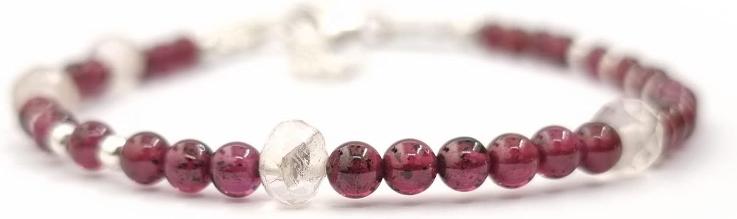 Pink Garnet Bracelet for women Natural Gemstone Rose quartz Beaded Jewelry Silver Silver Crystal Beads