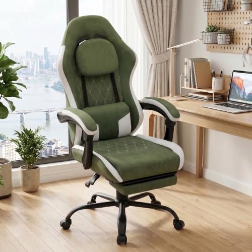 Image of Video Gaming Chair, Ergonomic Office Chair with Footrest, Lumbar Support and Linkage Armrests, Swive Home Video Game Chairs for Adults, Green