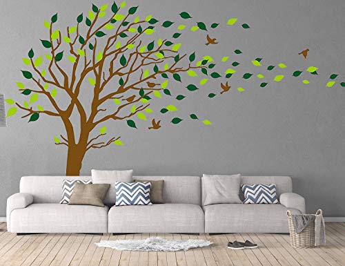 Large Tree Blowing in The Wind Tree Wall Decals Wall Sticker Vinyl Art Kids Rooms Teen Girls Boys Wallpaper Murals Sticker Wall Stickers Nursery Decor Nursery Decals (Brown and Green)