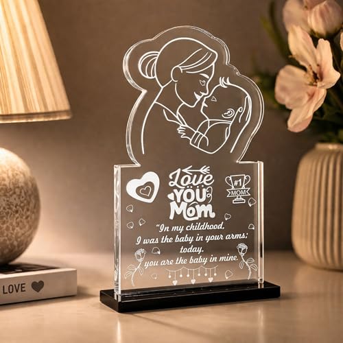 Image of DIGI ARTS Mom Acrylic Plaque Gift - Clear Engraved Acrylic Desk Decor, Thank You Mom Keepsake from Son or Daughter, Birthday & Mother's Day Gift for Mom, Tabletop & Home Decoration 12x14(cm)