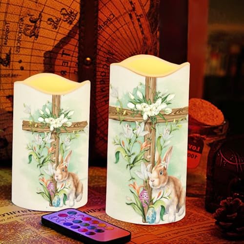 Image of Easter Bunny and Ccoss Plastic Flameless Candles with Remote Control and Timer LED Flickering Battery Electric Pillar Candles for Table Easter Decoration