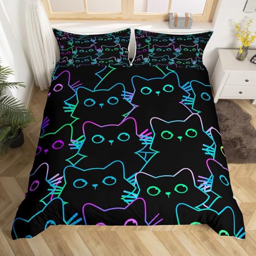 Erosebridal Girls Bedding Set Cartoon Cat Comforter Cover Gradient Line Cat Themed Duvet Cover with Zipper, Rainbow Neon Simple Strokes Kitten Bedspread Cover Teens Youth Boys Cat Animal Bed Set Full