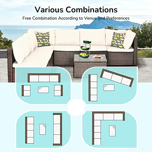 Image of PayLessHere 8 Piece Patio Furniture Set Outdoor Furniture Sectional Sofa Set Rattan Wicker Conversation Set Coffee Table Khaki Cushion for Backyard Porch Balcony Poolside Garden