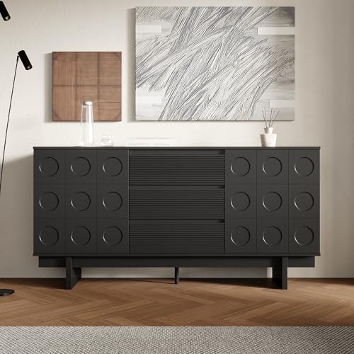 Elegante aparador negro – 160 x 40 x 80 cm – Cómoda con 3 cajones y 2 puertas – Diseño moderno para salón, comedor o pasillo – Elegante espacio de almacenamiento con carácter