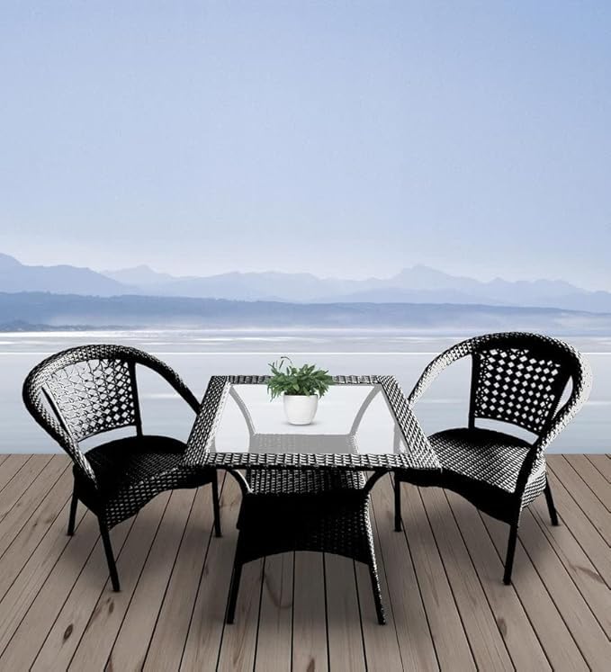 2+1 Rattan & Wicker Garden Patio Seating Chair and Table Set Outdoor Indoor Lawn Balcony Garden Tea Coffee Table Set Furniture Set (D-8 Black with Square Table)-image-47