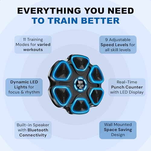 Image of Music Boxing Machine for Adults & Kids, 11 Modes 9 Speeds Bluetooth Indoor Trainer with LED Display, Wall Mounted Punching Target, Interactive Boxing Training Equipment for Home Gym