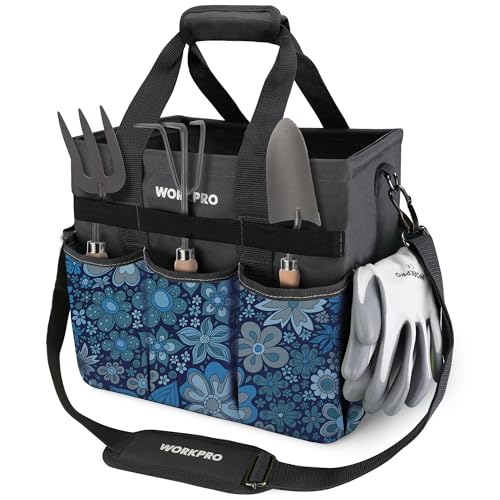 WORKPRO Garden Tool Bag 10 Pockets and Shoulder Strap Floral Blue